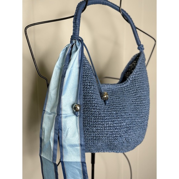 Madewell The Camren Blue Straw Bag Purse Leather Trim Distant Ocean Charm Scarf - Picture 2 of 9
